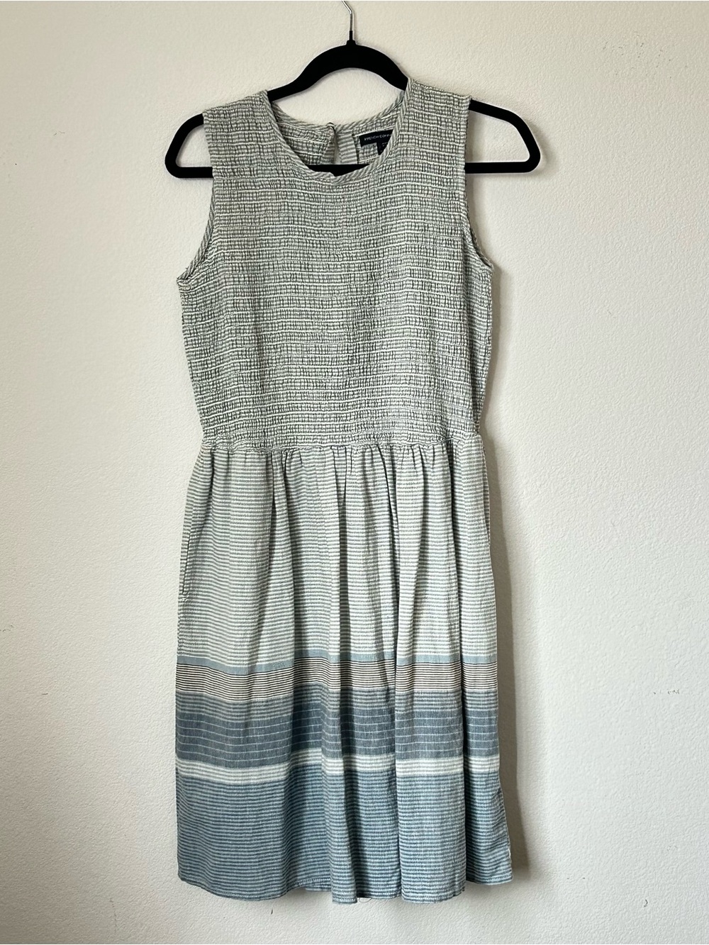 Linen French Connection Striped Sleeveless Dress in Gray, Blue and Cream